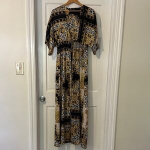 Aakaa Black and Gold Animal Print Maxi Dress